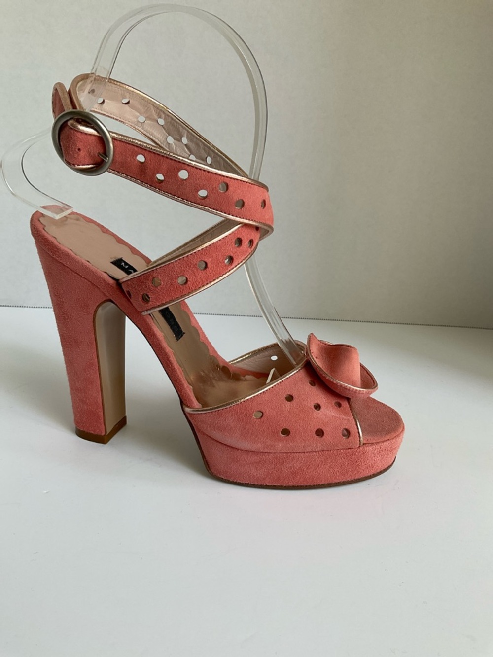 Marc Jacobs Coral Suede Peep-Toe Heels with Rosette and Ankle Wrap